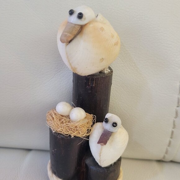 Handcrafted Seashell Pelican Seagull Family Figurine Pier Unique Nautical Decor - Picture 3 of 16